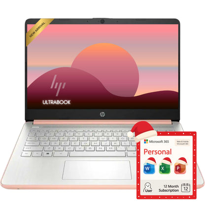 HP Rose Gold Ultrabook Laptop with Microsoft Office 365, Intel 2-Core CPU, 1.1TB Storage (1TB OneDrive and 64GB SSD), 8GB RAM, Windows 11, No Mouse