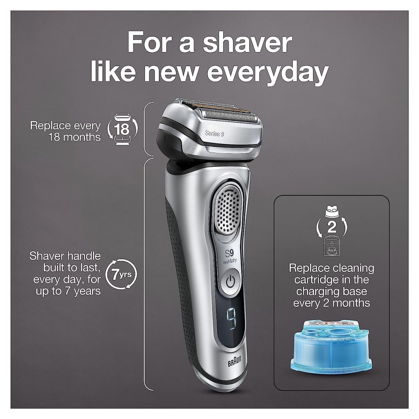 Braun Electric Razor for Men, Waterproof Foil Shaver, Series 9 9390cc, Wet & Dry Shave, with Pop-Up Beard Trimmer for Grooming, Cleaning & Charging SmartCare Center and Leather Travel Case, Silver