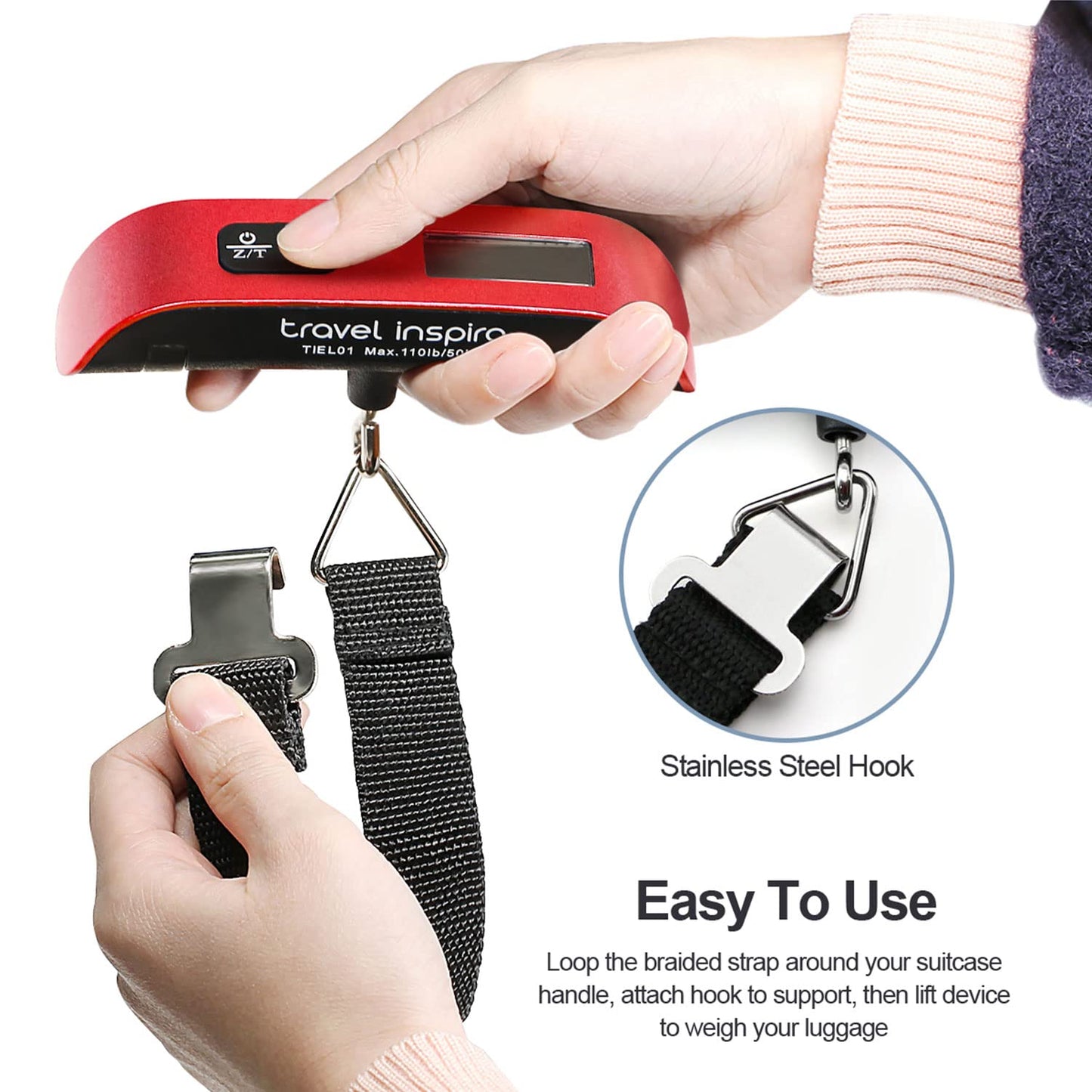 travel inspira Luggage Scale, Portable Digital Hanging Baggage Scale for Travel, Suitcase Weight Scale with Rubber Paint, 110 Pounds, Battery Included - Red
