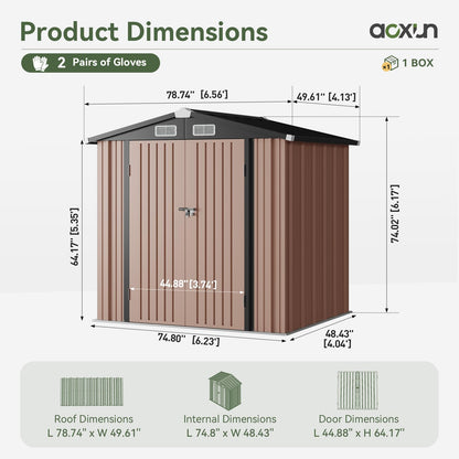 Aoxun 6.2x4 FT Shed Outdoor Storage Shed with Lockable Doors & Slooping Roof Metal Garden Tool Shed for Backyard, Patio, Poolside (Brown)