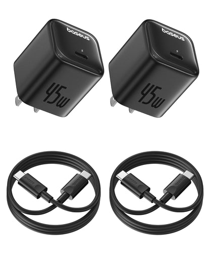 Baseus 45W USB C Charger Block, 2 Pack PPS Fast Charger Type C with USB-C Cable for iPhone 16/15 Series, iPad, Galaxy S24 Ultra and More Series