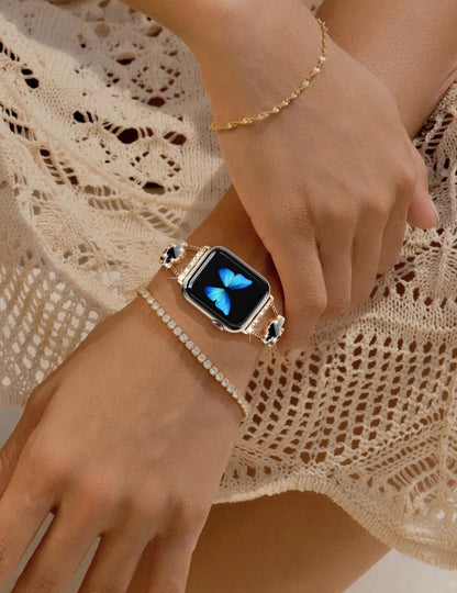 CTYBB Bling Diamond Band Compatible with Apple Watch Bands for Women 40mm 41mm 38mm 42mm Series 11 10 9 8 7 6 5 4 SE 3 2 1, Sparkle Metal Bracelet Wristband, Cute Lucky Clover Dressy iWatch Band,Gold/Black