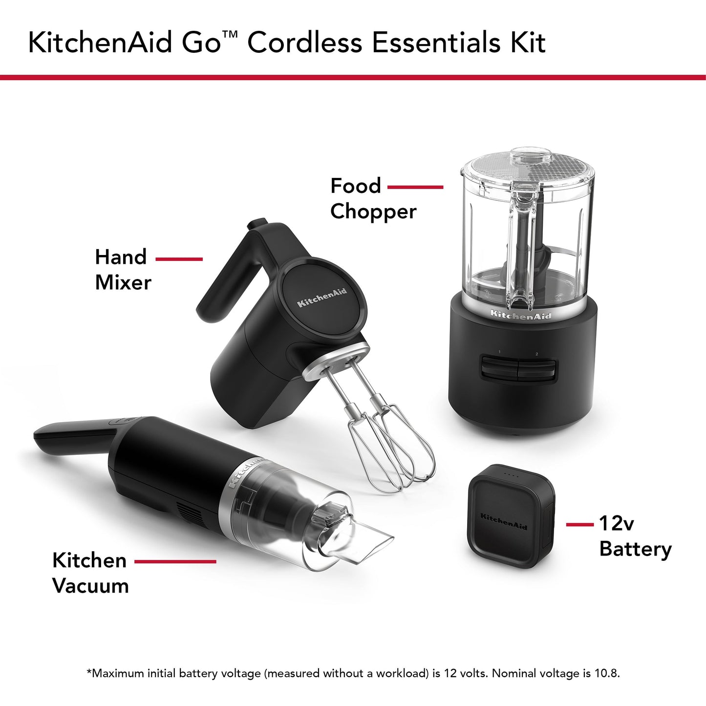 KitchenAid Go™ Cordless Bundle with Hand Mixer, Food Chopper and Kitchen Vacuum - battery included, KBUR131, Black Matte