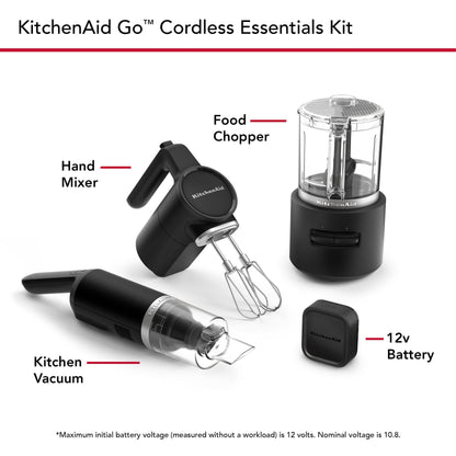 KitchenAid Go™ Cordless Bundle with Hand Mixer, Food Chopper and Kitchen Vacuum - battery included, KBUR131, Black Matte