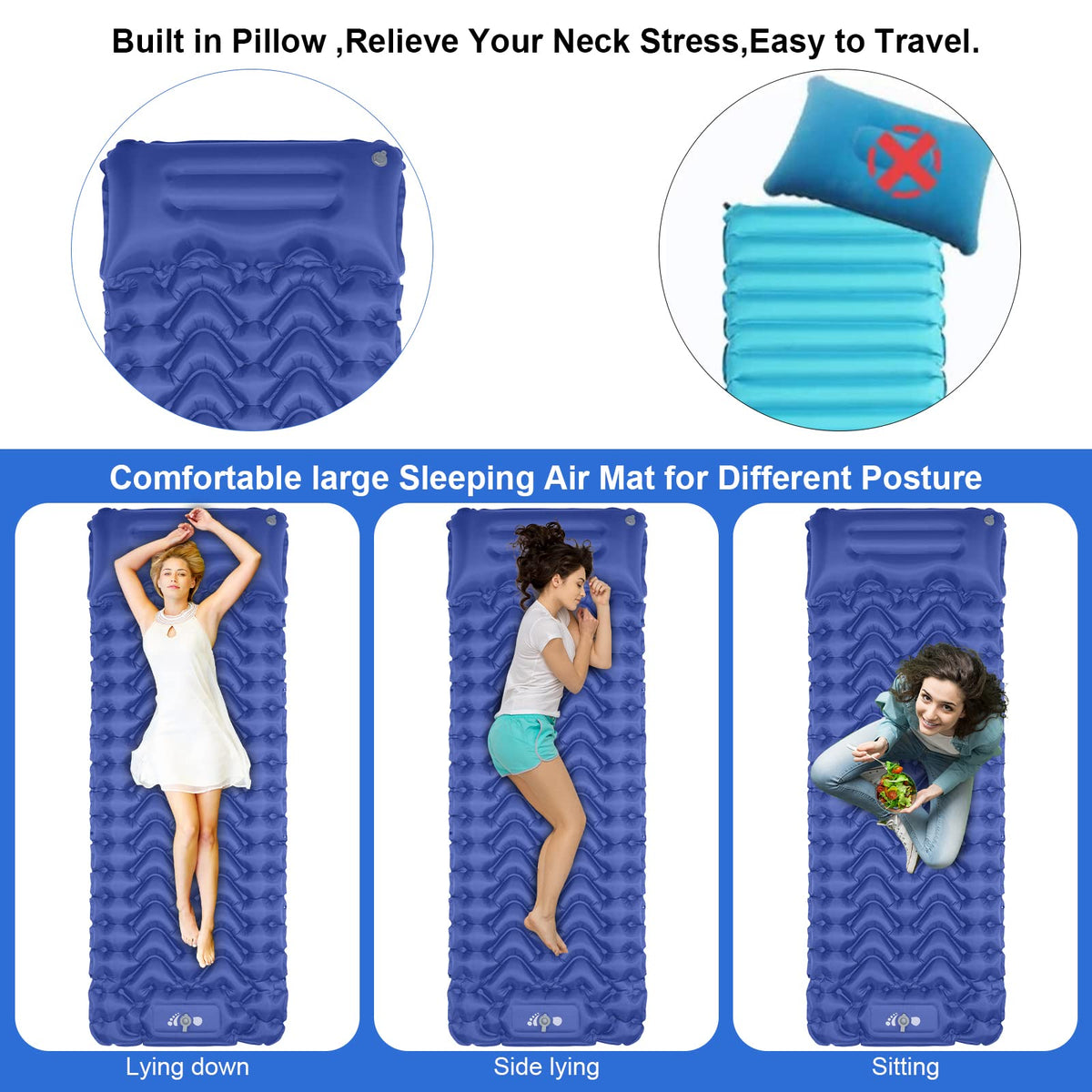 MOXILS Sleeping Pad, Ultralight Inflatable Sleeping Pad for Camping, Built-in Pump, Ultimate for Camping, Hiking, Airpad, Carry Bag, Repair Kit, Compact & Lightweight Air Mattress(Blue)