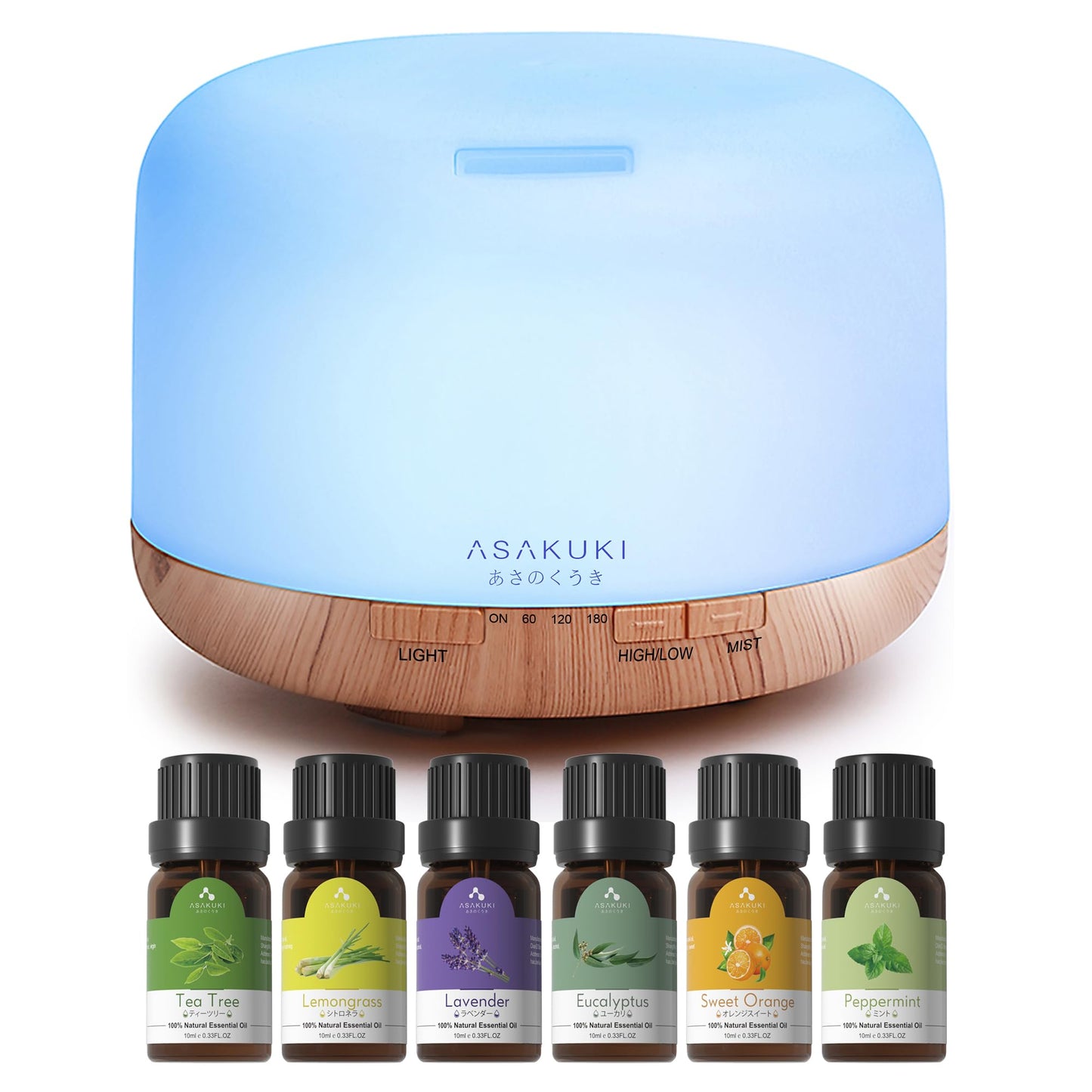 ASAKUKI Oil Diffuser with Essential Oils Set, 500ml Aromatherapy Humidifier with 14 LED Colors & Auto Shut-Off - 6 Oil Gift Pack(Lavender Eucalyptus Tea Tree Orange Peppermint Lemongrass)