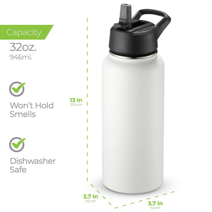 SipX™ Triple-Insulated Stainless Steel Water Bottle 32oz. With 3 Lids, BPA-Free Reusable Insulated Water Bottle Keeps Cold 24 Hours, Metal Water Bottle Made Of Sustainable Material For Hiking & Biking