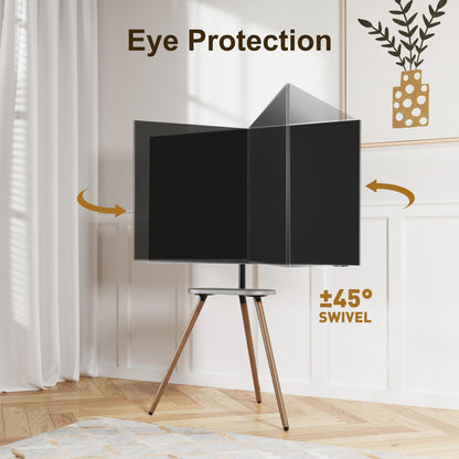 ECOTINY Tripod Easel TV Stand for 43 to 65 Inch LCD LED OLED Screen, Height Adjustable and Swievel TV Stand, Portable Corner TV Floor Stand with Wooden Tray, VESA 400x400mm, Minimalist Black Walnut