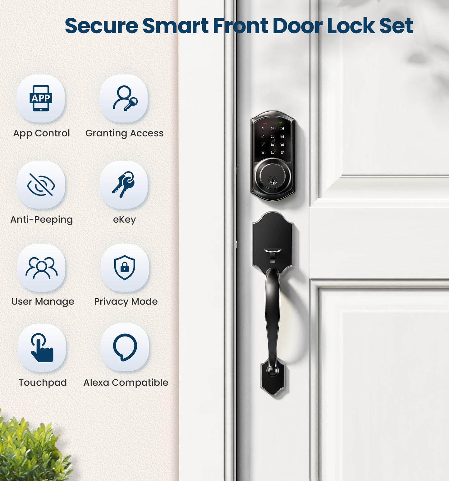 Veise Smart Front Door Lock Set, App Control, Keyless Entry Deadbolt with Lever Handle, Electronic Digital Touchscreen Keypad, Auto Lock, Easy Install, Matte Black