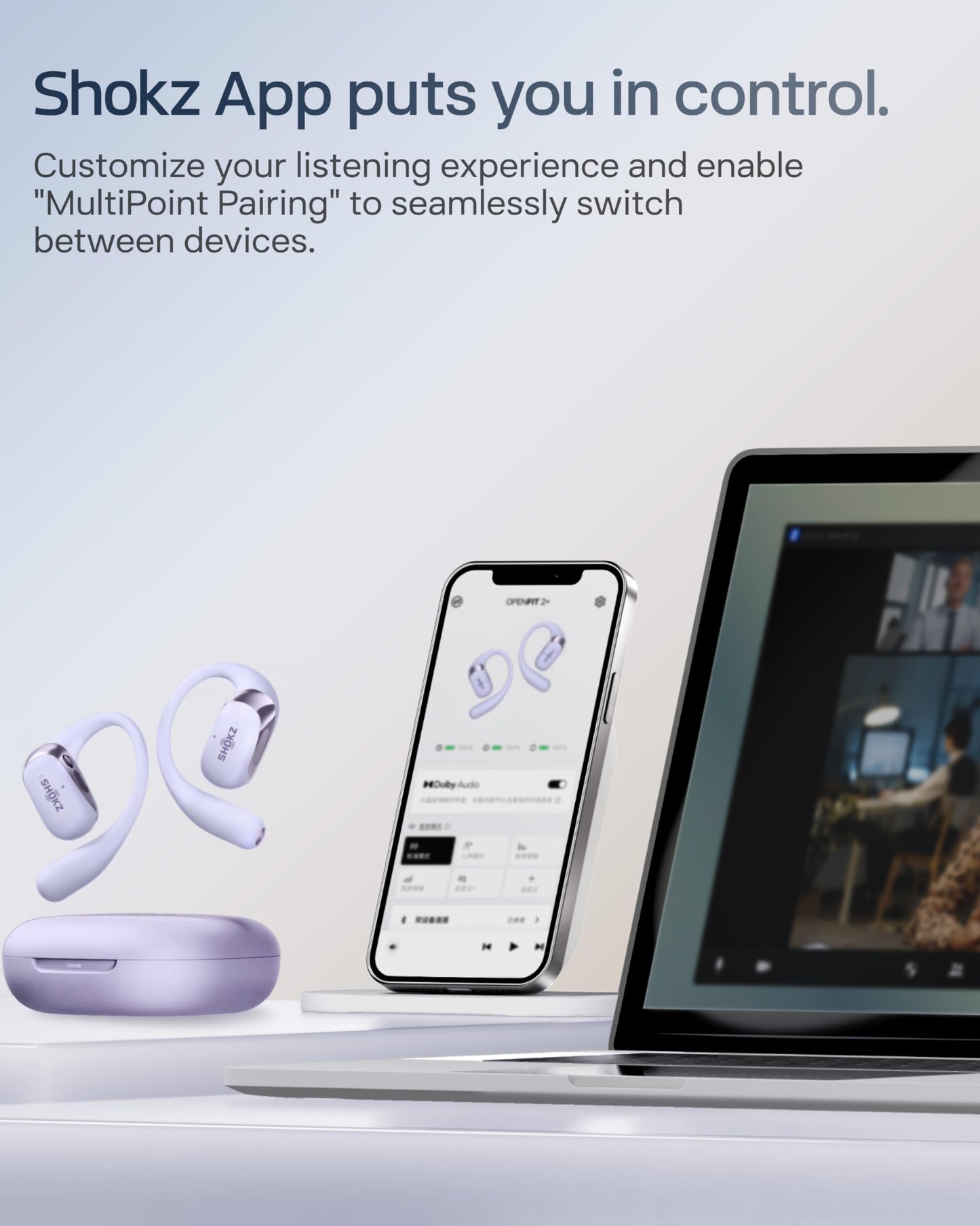 SHOKZ New OpenFit 2+ Open-Ear Headphones,Dolby Audio Enabled,Comfortable Earbuds with Soft Ear Hooks,48H Playtime,IP55 Water-Resistant,USB-C Fast Charging,Wireless Charging - Online Exclusive Purple