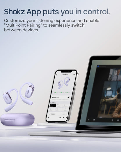 SHOKZ New OpenFit 2+ Open-Ear Headphones,Dolby Audio Enabled,Comfortable Earbuds with Soft Ear Hooks,48H Playtime,IP55 Water-Resistant,USB-C Fast Charging,Wireless Charging - Online Exclusive Purple
