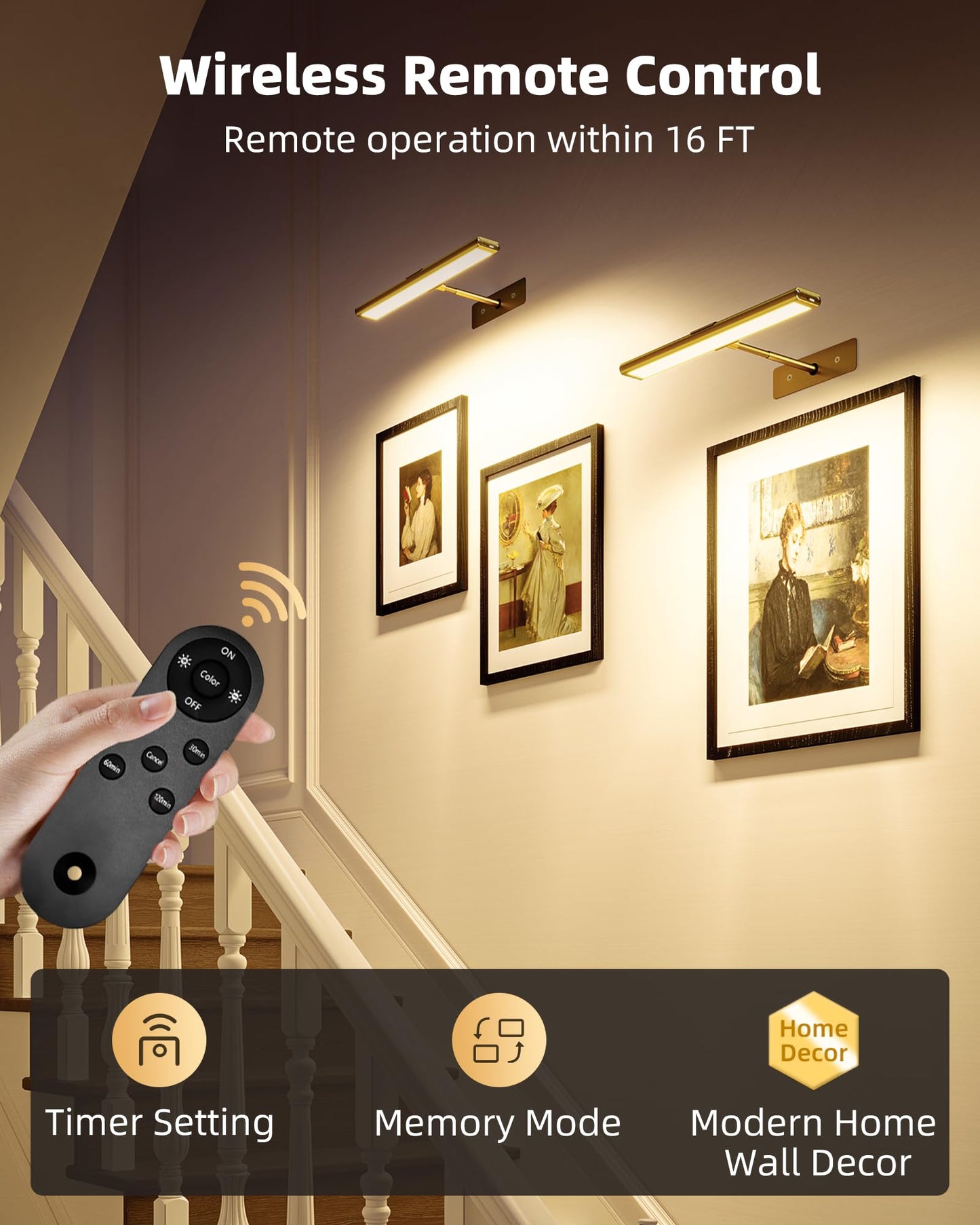 EZVALO Picture Light for Wall, 16'' Rechargeable 4800mAh Battery Lights Wireless Remote, Dimmable Magnetic LED Art Painting Light with 3 Color Temperatures, Display for Gallery, Living Room, Hallway