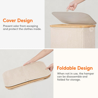 Lifewit 100L Laundry Basket with Lid, Clothes Hampers for Laundry with Bamboo Handles and 1 Removable Bag, Large Foldable Laundry Hamper for Bedroom, Bathroom, Dorm, Laundry Room, Beige