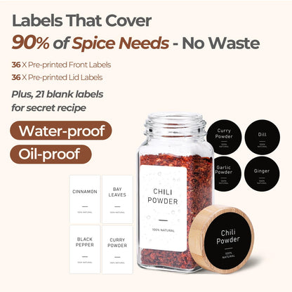 ComSaf Spice Jars with Label 4 oz 24Pcs, Glass Spice Jars with 6 Extra Shaker Inserts and 93 Labels, Seasoning Set with Bamboo Lids and Metal Funnel, Square Containers for Organization, Salt, Pepper
