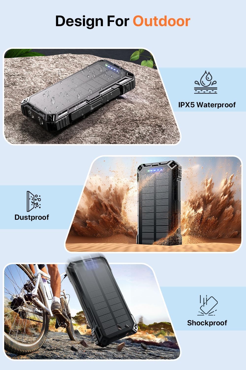 jskei Power Bank 49800mAh Solar Portable Charger Wireless Charging USB-C 15W Fast Charging with 4 Built-in Cables LED Flashlight Battery Pack Compatible with iPhone, iPad, Galaxy, Perfect for Camping