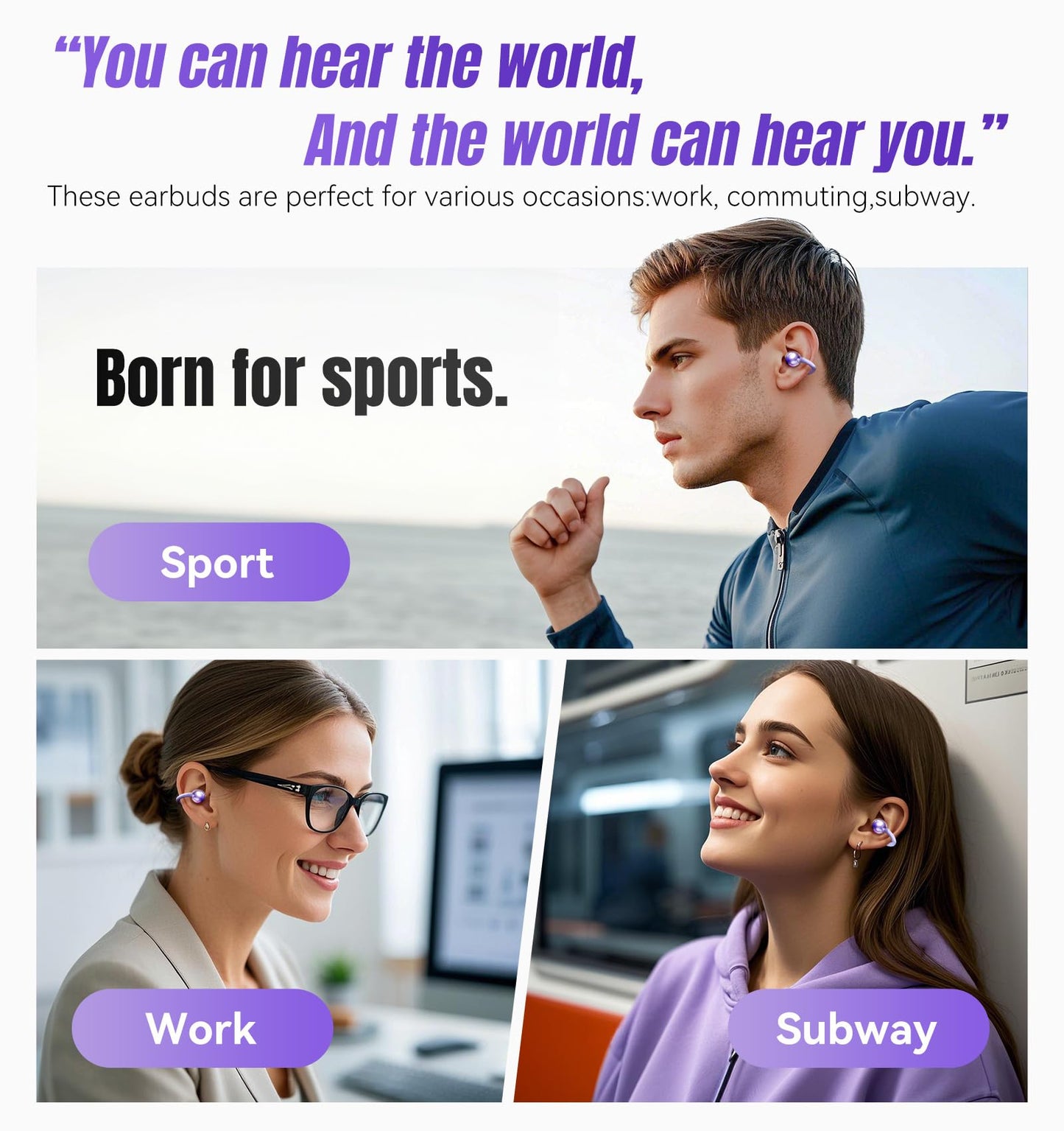 King Lucky Clip on Earbuds Open Ear Wireless Bluetooth 5.4 Headphones with Mic,50H Play,Noise Cancelling,Waterproof,Sports Ear Buds,Comfortable for Small Ears & Glasses Wearers,Workouts (Purple)