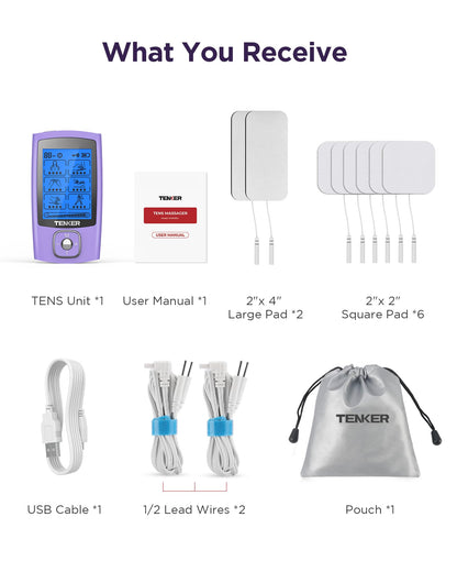TENKER TENS Unit Muscle Stimulator, 24 Modes TENS EMS Machine for Pain Relief Therapy/Pain Management, Rechargeable Electronic Pulse Massager with 2"x2" and 2"x4" TENS Unit Electrode Pads