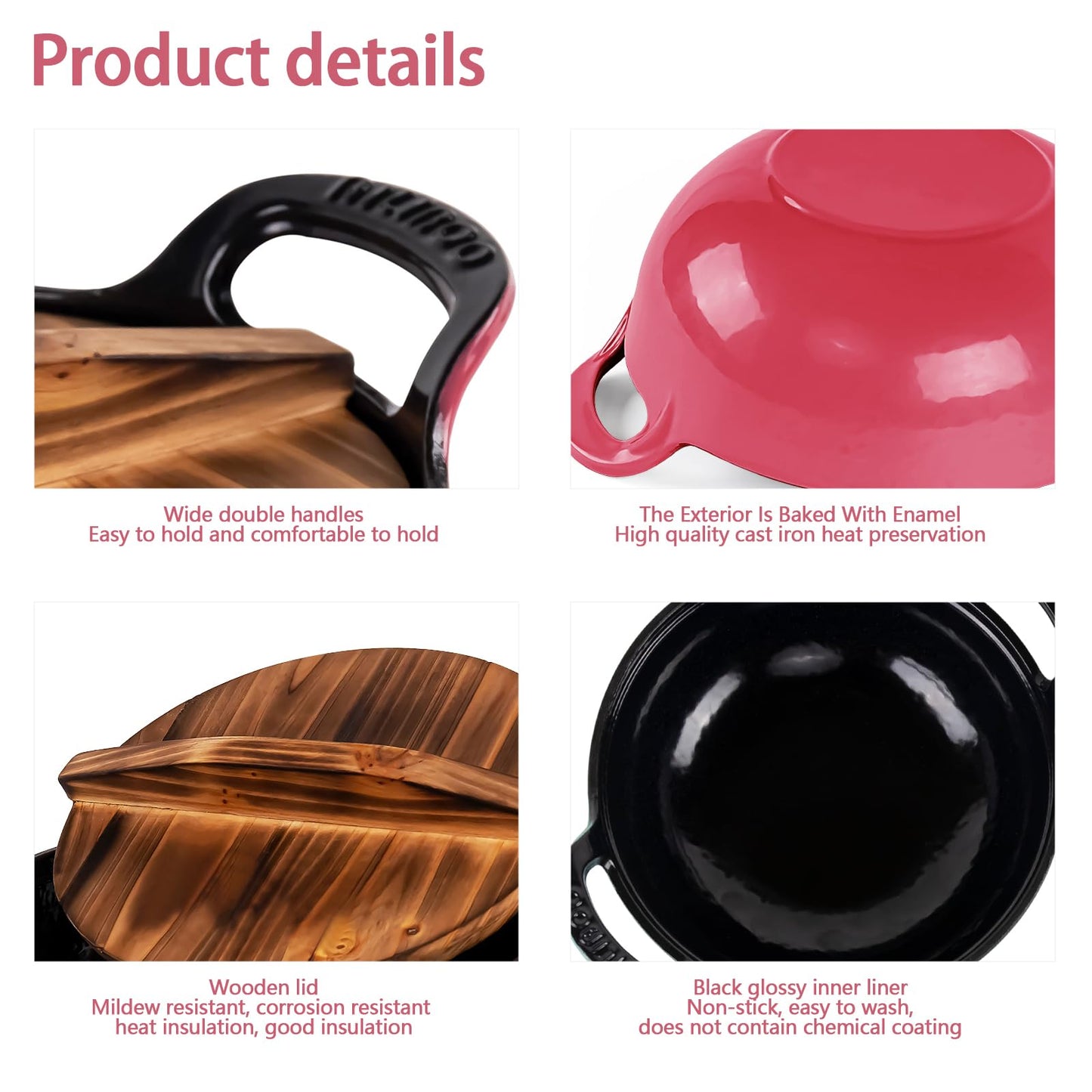 AILIBOO 2 QT Black Enameled Cast Iron Dutch Oven，Iron Biryani Pot，Le Creuset，Instant Pot Bakeware Sets, Casserole Dishes for Oven - Pink