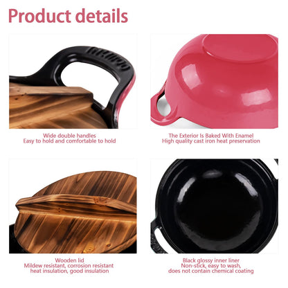 AILIBOO 2 QT Black Enameled Cast Iron Dutch Oven，Iron Biryani Pot，Le Creuset，Instant Pot Bakeware Sets, Casserole Dishes for Oven - Pink