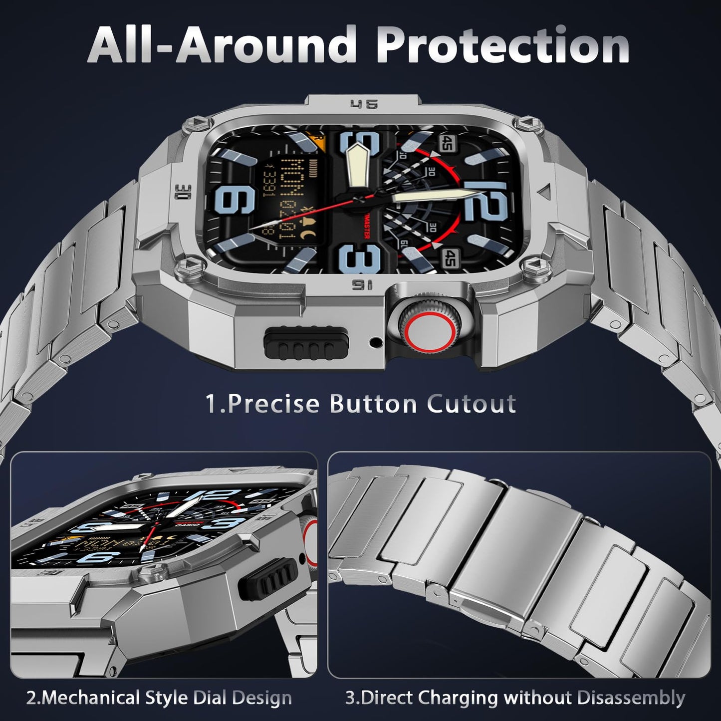 Stainless Steel Case with Band Compatiable for Apple Watch 44mm Bands -Rugged Metal iWatch Bumper Cover and Strap for Men iWatch Bands Series 6 5 4,Titanium