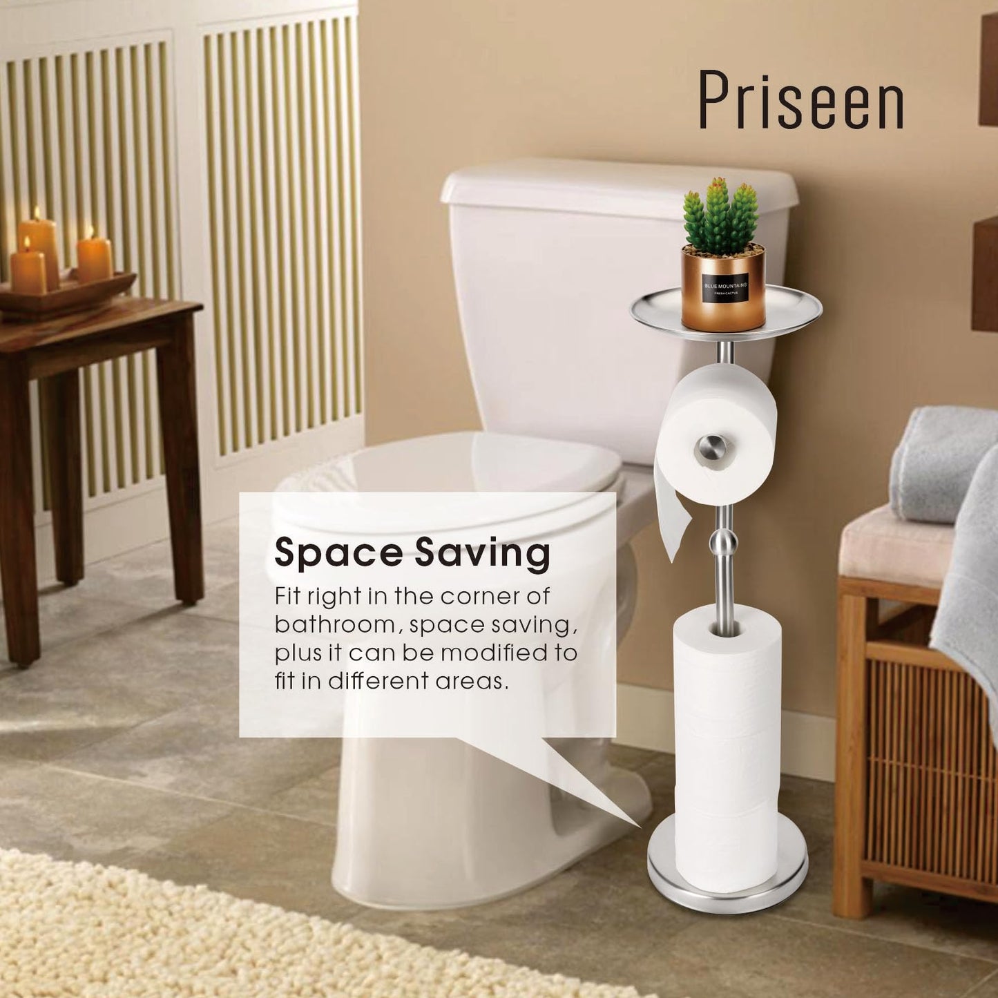 Toilet Paper Holder Stand with Phone Shelf, Freestanding TP Holder, Holds 5 Rolls, Stainless Steel (Brushed Nickel)