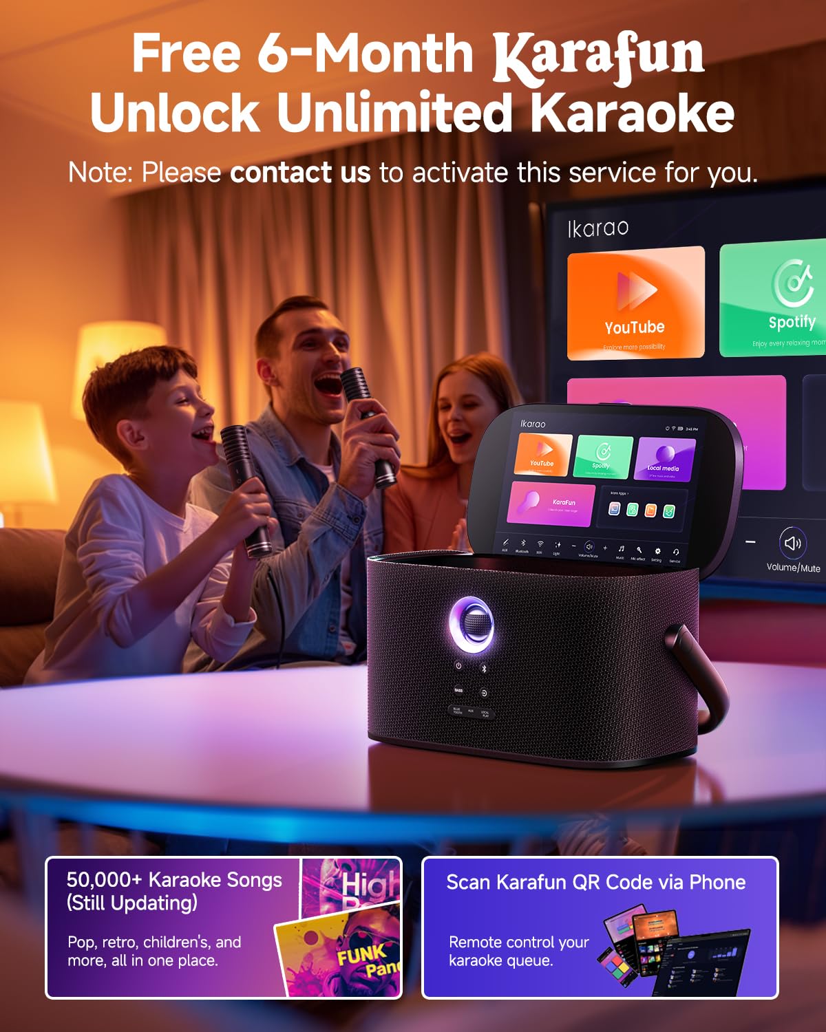 Ikarao Portable Karaoke Machine for Adults, Built-in Lyrics Display and Screen, 2 Self-Charging Wireless Microphones, Karaoke App, 140W Speaker, Connects to TV for Home Party Birthday Outdoor Camping