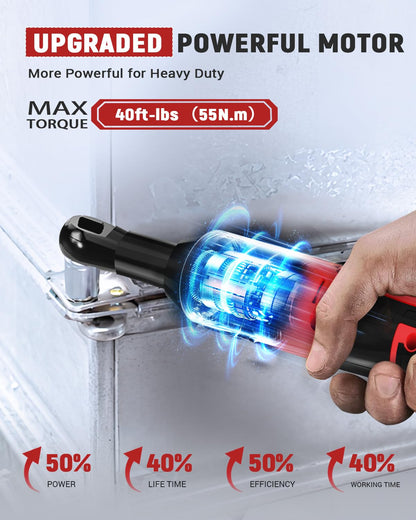 Tarlido 3/8" Electric Ratchet Wrench, 40 Ft-Lbs 400 RPM 12V Cordless Battery Powered Ratchet Wrench Set with LED Light, Including 2 Batteries, 11 Sockets and Fast Charge-Red