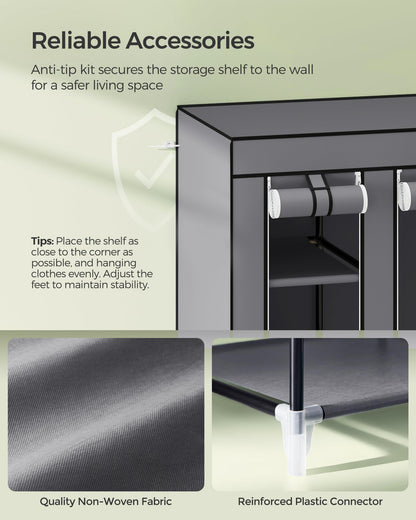 SONGMICS Closet Wardrobe, Portable Closet for Bedroom, Clothes Rail with Non-Woven Fabric Cover, Clothes Storage Organizer, 59 x 17.7 x 69 Inches, 12 Compartments, Gray ULSF03G