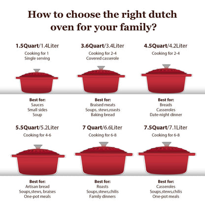 Overmont Enameled Cast Iron Dutch Oven - 5.5QT Pot with Lid Cookbook & Cotton Potholders - Heavy-Duty Cookware for Braising, Stews, Roasting, Bread Baking red