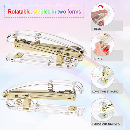 EOOUT Gold Office Supplies Set Desk Accessories, Acrylic Stapler Set Staple Remover, Phone Holder, Tape Holder, Pen Holder, 2 Ballpoint Pen, Scissor, Binder Clips, Ruler, Transparent Glue and Staples.