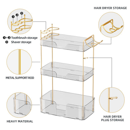 shuang qing Bathroom Counter Organizer with Hair Dryer Holder, Hair Tool Countertop Storage, Cosmetics Skincare Shelf Organizer, Makeup Organizer Perfume for Dresser Vanity Tray(3 Tier-White)