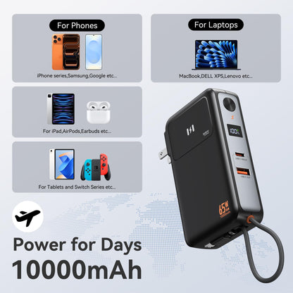 3 in 1 Portable Phone Charger 10000mAh, 35W Power Bank Wall Plug With Built in USB C Cable, 65W GaN Wall Charger for Laptop MacBook, Travel Battery Pack for iPhone Samsung Android Smartphone