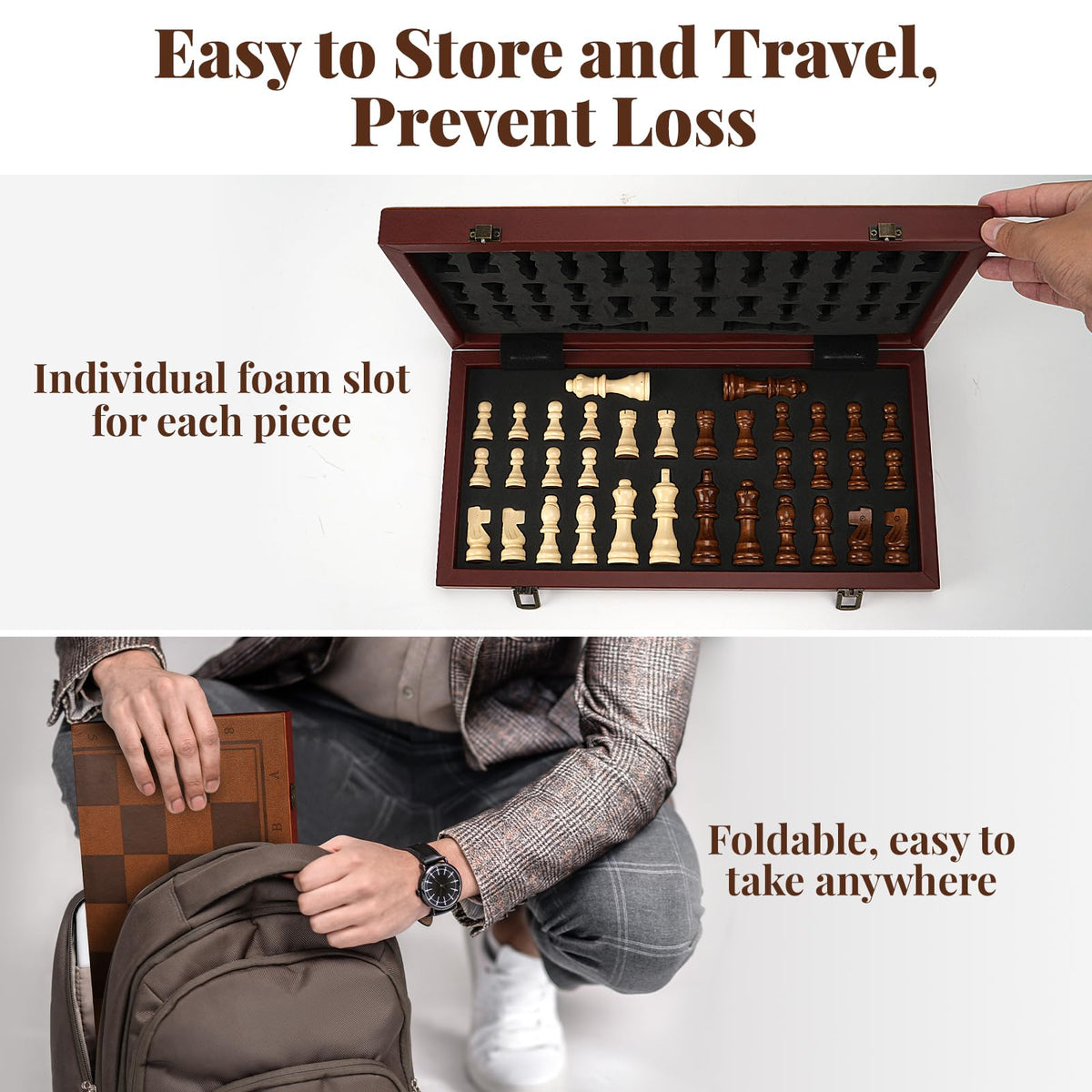Strong Magnetic Chess Set for Adults & Kids, 15.4" Leather Chess Board & Handcrafted Wooden Chess Pieces with Storage Slots, Portable Travel Chess Game for Beginner and Professional