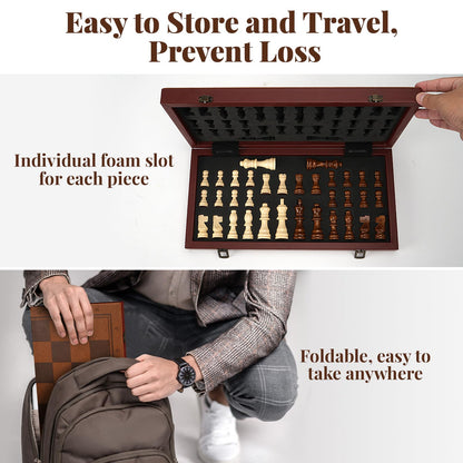 Strong Magnetic Chess Set for Adults & Kids, 15.4" Leather Chess Board & Handcrafted Wooden Chess Pieces with Storage Slots, Portable Travel Chess Game for Beginner and Professional