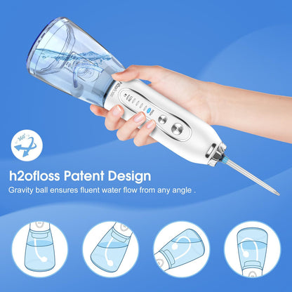 H2ofloss Water Dental Flosser Portable Dental Oral Irrigator with 5 Modes, 6 Replaceable Jet Tips, Rechargeable IPX7 Waterproof Teeth Cleaner for Home and Travel -300ml Detachable Reservoir (HF-6)