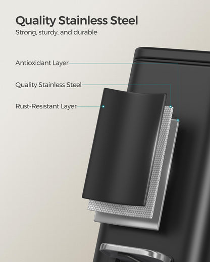 SONGMICS Bathroom Trash Can, 1.3 Gallon (5 L) Small Trash Bin with Lid, Slim for Small Spaces, Stainless Steel Garbage Can, Soft Close, Black ULTB560B05