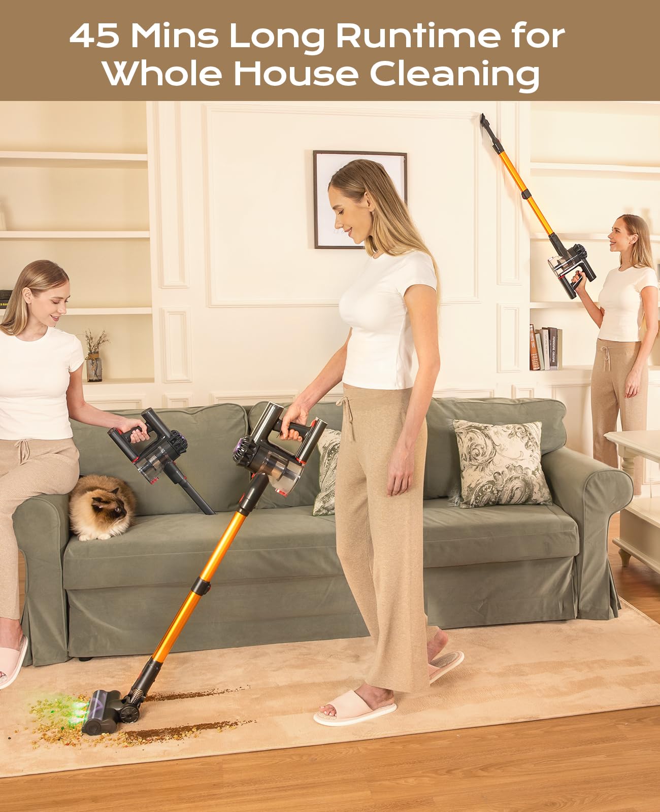 Cordless Vacuum Cleaner, 45Mins Powerful Vacuum Cleaners for Home, Lightweight Stick Vacuum Cordless with Advanced Green Light Tech, Rechargeable Battery Vacuum for Carpet,Pet Hair,Hardwood Floor