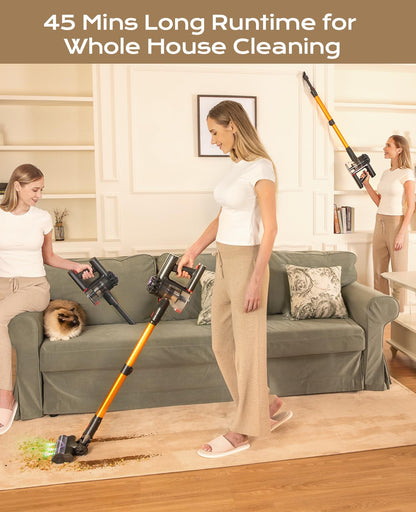 Cordless Vacuum Cleaner, 45Mins Powerful Vacuum Cleaners for Home, Lightweight Stick Vacuum Cordless with Advanced Green Light Tech, Rechargeable Battery Vacuum for Carpet,Pet Hair,Hardwood Floor