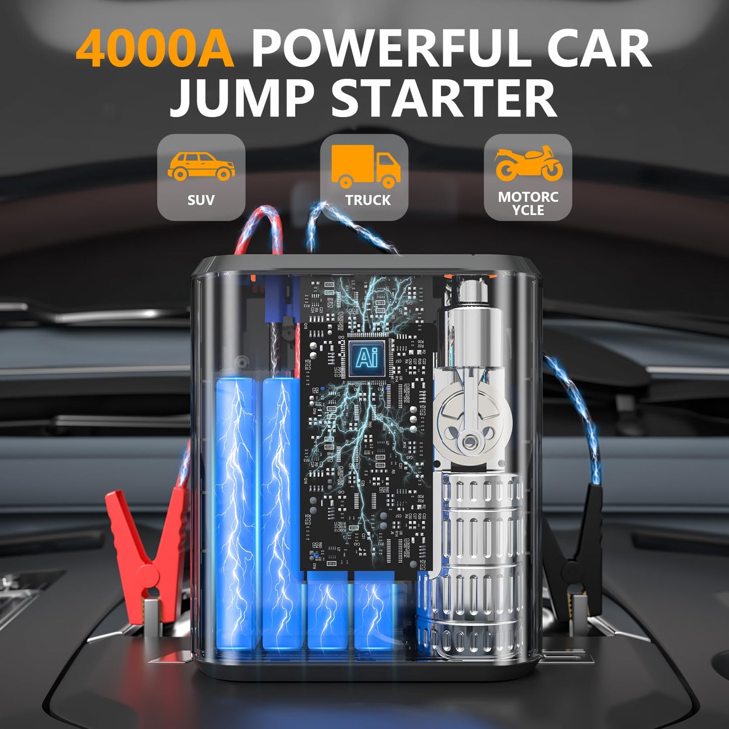 Hererod PW40 Jump Starter, Tire Inflator Portable Air Compressor, 4000A Peak 200PSI & 4X Faster, 32000mAh 12V Car Battery Jump Starter (9L Gas/8L Diesel), Portable Tire Inflator for Car(Yellow)