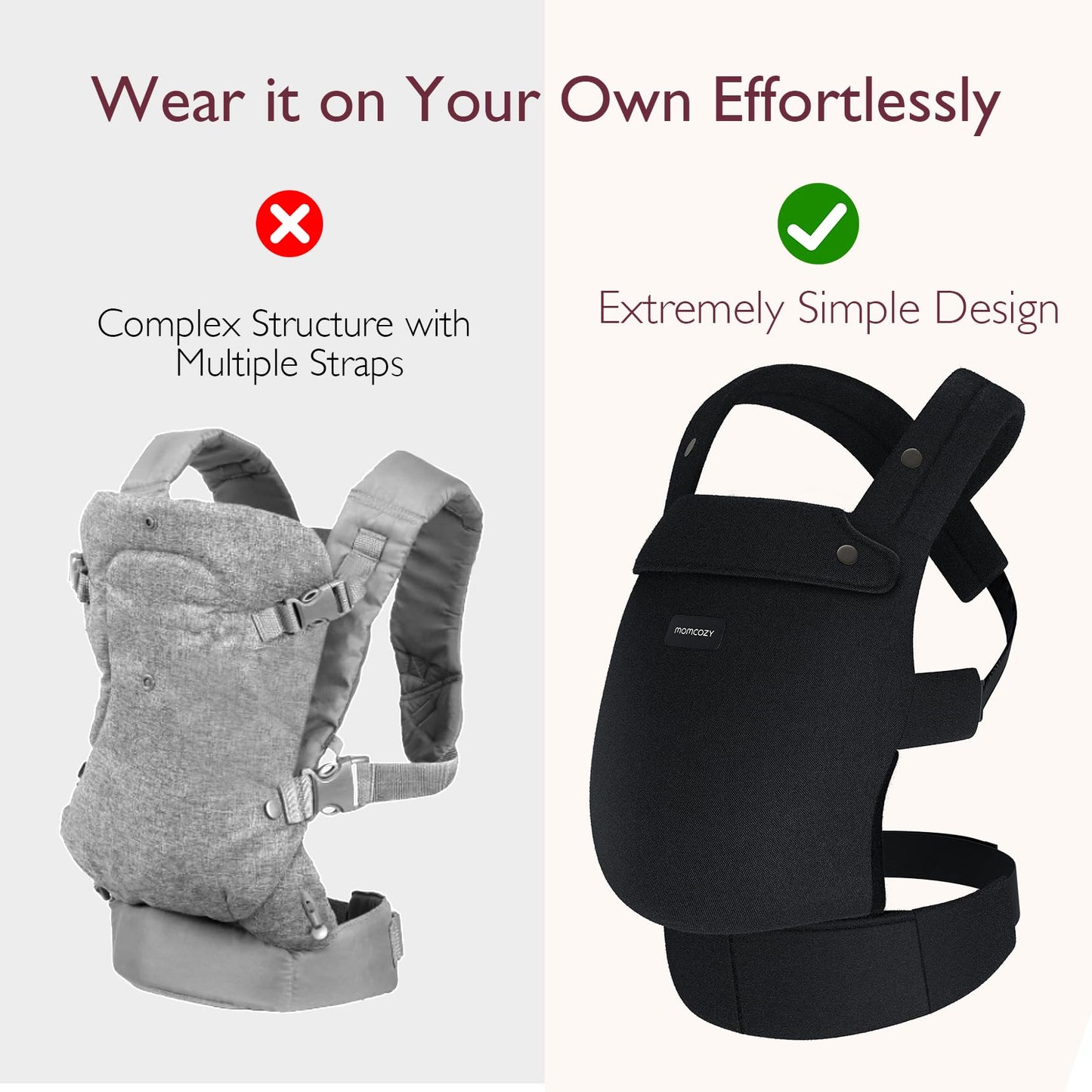 Momcozy Baby Carrier - Ergonomic, Cozy and Lightweight Carrier for 7-44lbs, Effortless to Put On, Ideal for Hands-Free Parenting, Enhanced Lumbar Support, Purehug for Infant to Toddler, Black