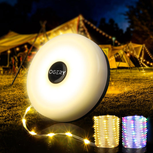 OGERY Camping String Lights, 4 in 1 Quick Storage 32.8FT Rechargeable Outdoor String Lights with 8 Lighting Modes, Hanging Portable LED Lamp for Christmas Decor Patio Awning Garden Party Essentials