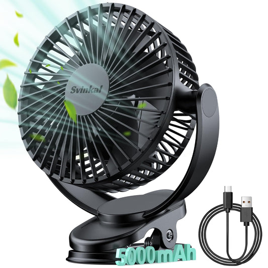 Svinkal Clip on Fan, 5000mAh USB Charging Portable Battery Fans, 6Inch Quiet USB Personal Desk Fan, 3 Speeds, 720° angle adjustment, Small Stroller Fan for home office dormitory.