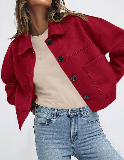 PRETTYGARDEN Women's Faux Suede Cropped Jacket Casual Lightweight Fall Fashion 2026 Winter Coats Outerwear Trendy Clothes (Red,Small)