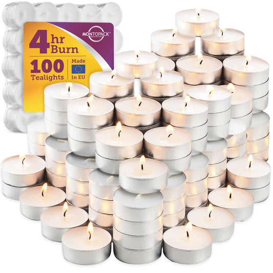 MontoPack Unscented Tea Light Candles 100 Pack | 4 hours, White, Smokeless, Dripless Small Votive Paraffin Tealights | Long-Lasting for Home, Shabbat, Weddings, Events, Emergencies | Mini Candles Bulk