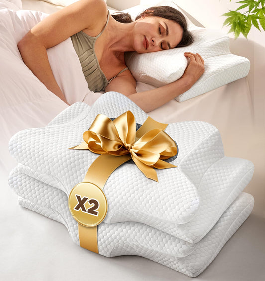 2 Pack Value Bundle Cervical Neck Pillow for Sleeping, Ergonomic Contour Side Sleeper Pillows Perfect for Families, Orthopedic Pillow for Neck Relief Support, Memory Foam Pillows Back Stomach Sleepers