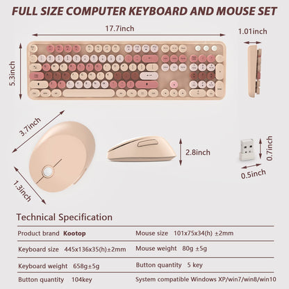 Wireless Keyboard and Mouse, KOOTOP Cute Keyboard and Mouse, 2.4G Wireless Keyboard with Retro Round Keycap for PC, Mac, Laptop,Tablet,Computer Windows (Milk Tea)