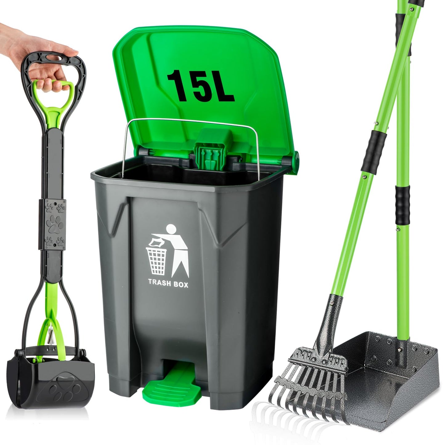 MXF Pooper Scooper Set, Dog Poop Trash Can for Outdoors with 20 Waste Bags, 15 Litre Step Dog Poop Trash Can w/Removable Inner Bucket, 28" Dog Pooper Scooper and Long Handle Stainless Metal Tray&Rake