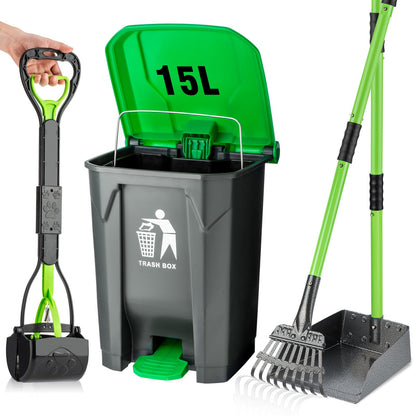 MXF Pooper Scooper Set, Dog Poop Trash Can for Outdoors with 20 Waste Bags, 15 Litre Step Dog Poop Trash Can w/Removable Inner Bucket, 28" Dog Pooper Scooper and Long Handle Stainless Metal Tray&Rake