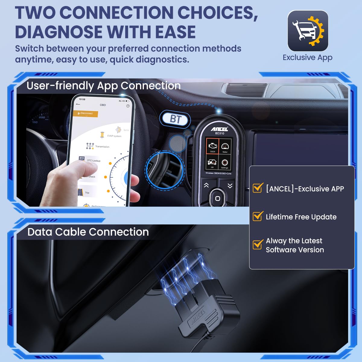 ANCEL BD310 OBD2 Scanner Diagnostic Tool - 3 in 1 OBD2 Scanner Bluetooth - App Based OBDII Scan Tool for Android & iPhone - Check Engine Light Code Reader - Wired, Bluetooth, and Heads-up Display