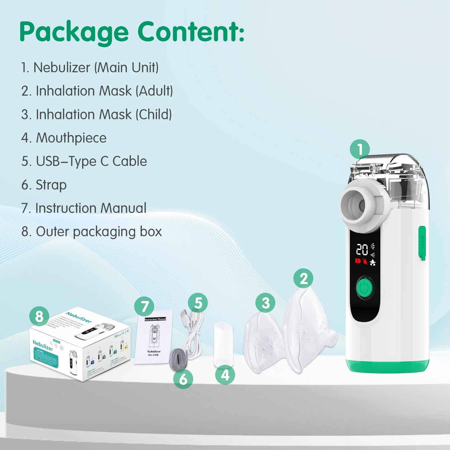 Hand-held Nebulizer for Respiratory System, Portable Nebulizer with Self-Clean Mode, Rechargeable Nebulizer for Home Office Travel